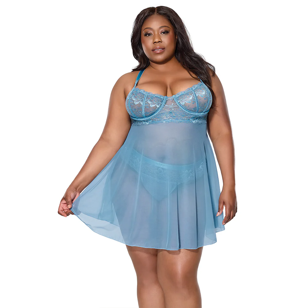 Coquette Between Dreams Underwire Lace & Mesh Babydoll & Thong - Curvy - Image 3