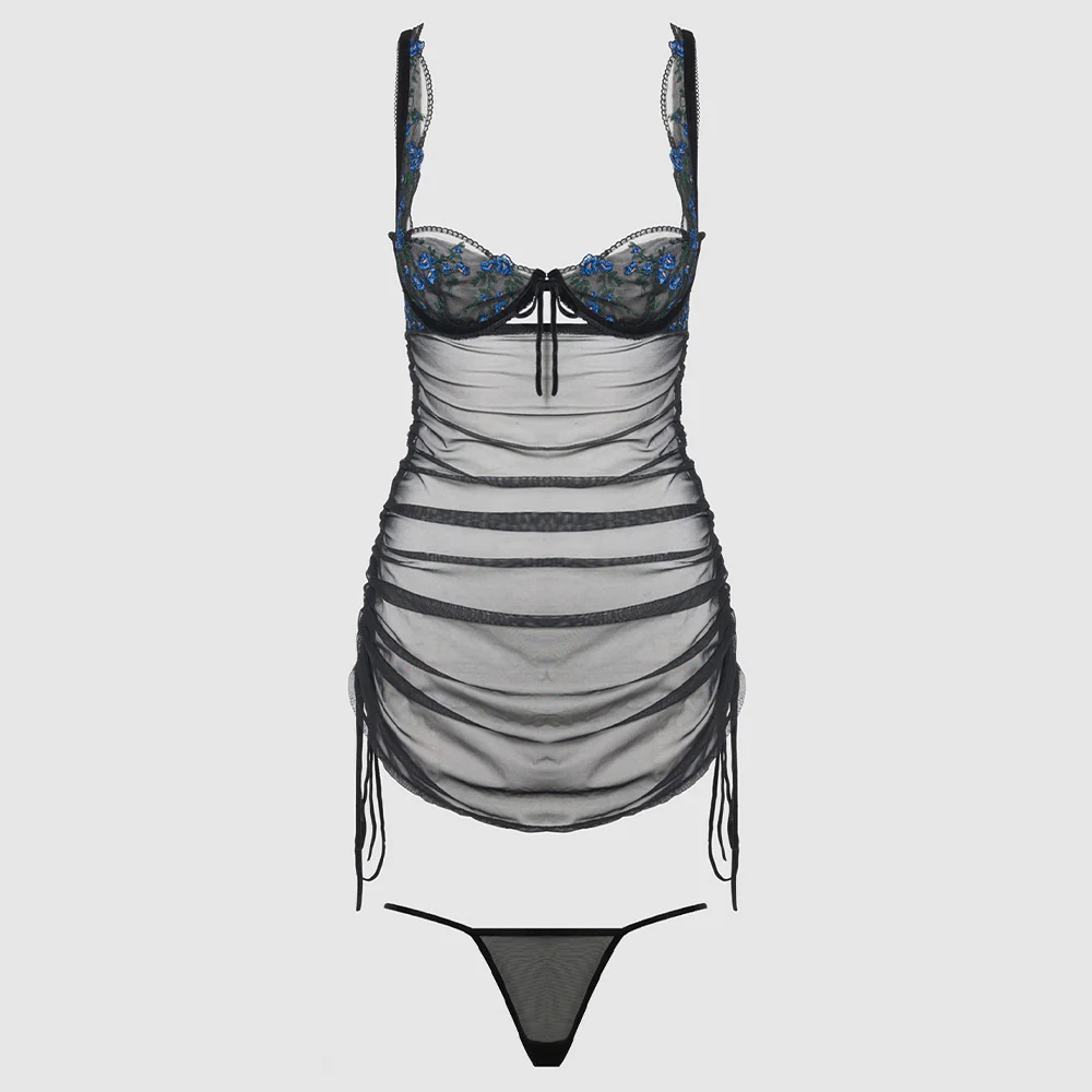 House of Desire Harper Floral Embroidery Ruched Mesh Chemise - Image 5