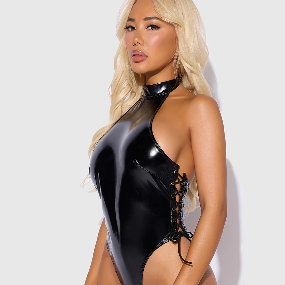 House of Desire Trinity Patent Wet Look Lace-Up Halter Teddy - Image 5