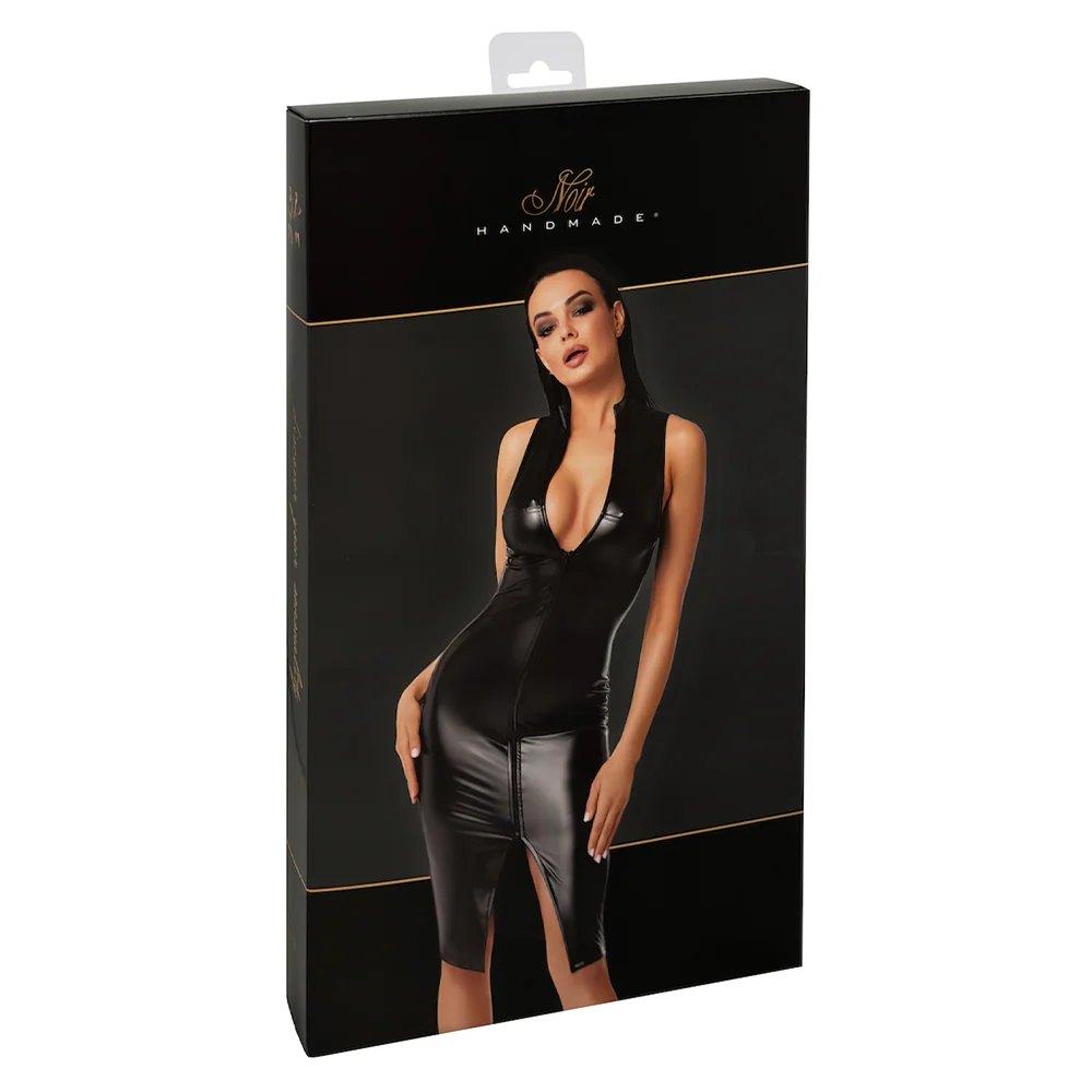 Noir Handmade Commandant Powerwetlook Plunging Zip-Front Midi Dress - Image 7