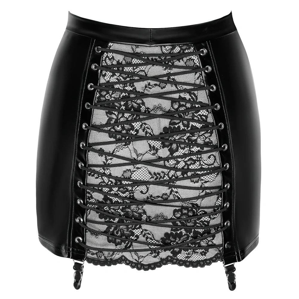 Noir Handmade Corset Powerwetlook & Lace Garter Mini Skirt - Image 5