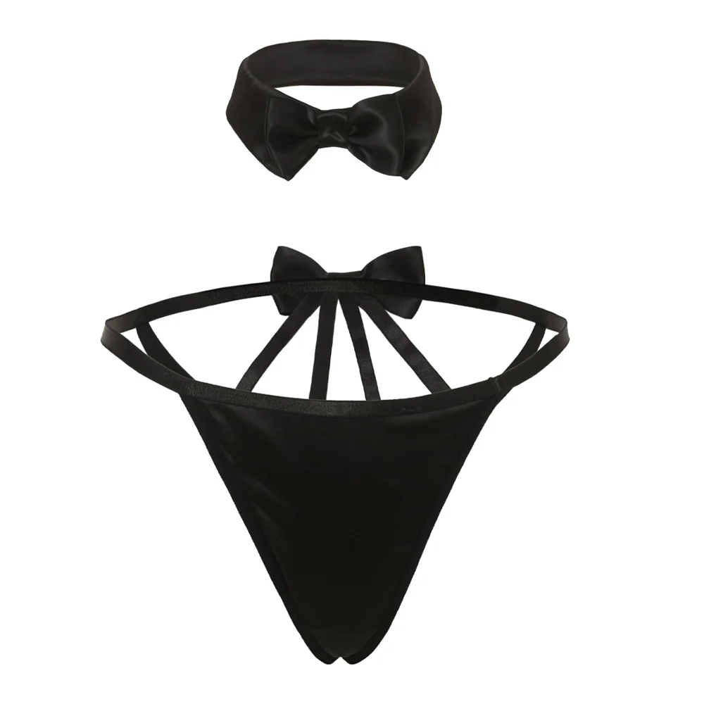 Oh La La Cheri Tuxedo Me Satin Bowtie Collar & Strappy Panty Set - Image 6